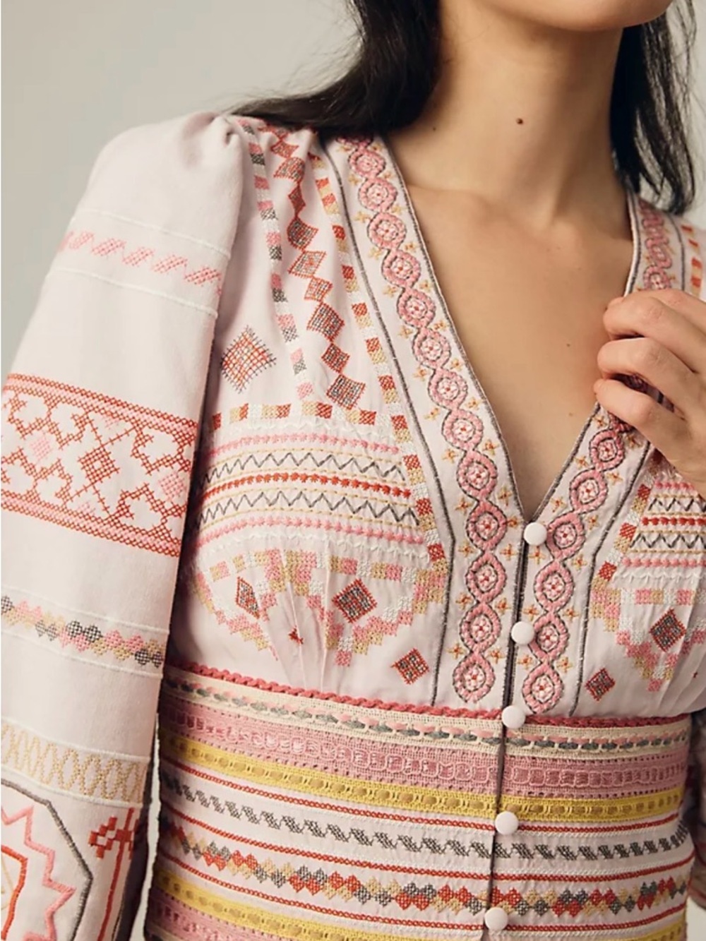 Anthropologie Conditions Apply Deep V Embroidered V-Neck Boho Top